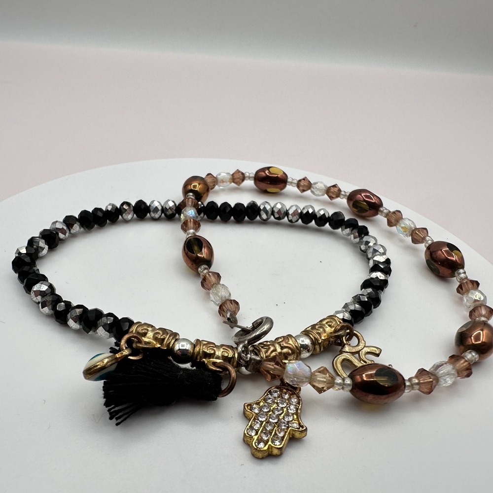 Vintage Y2K Rhinestone Beaded Bracelet Set Hamsa Evil Eye Om Charms Boho Jewelry